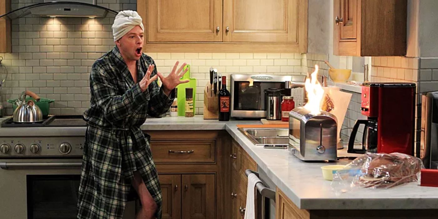 Alan freaking out while the toaster is on fire in Two and a Half men