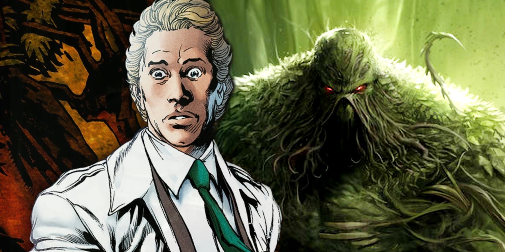 Alec Holland looking downwards and Swamp Thing in DC Comics