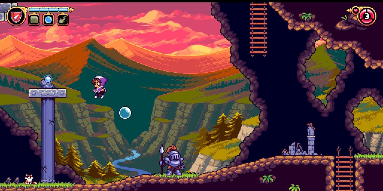 Captura de pantalla de Alwa's Legacy que muestra a Alwa saltando a una plataforma a la izquierda mientras un enemigo está abajo en el suelo