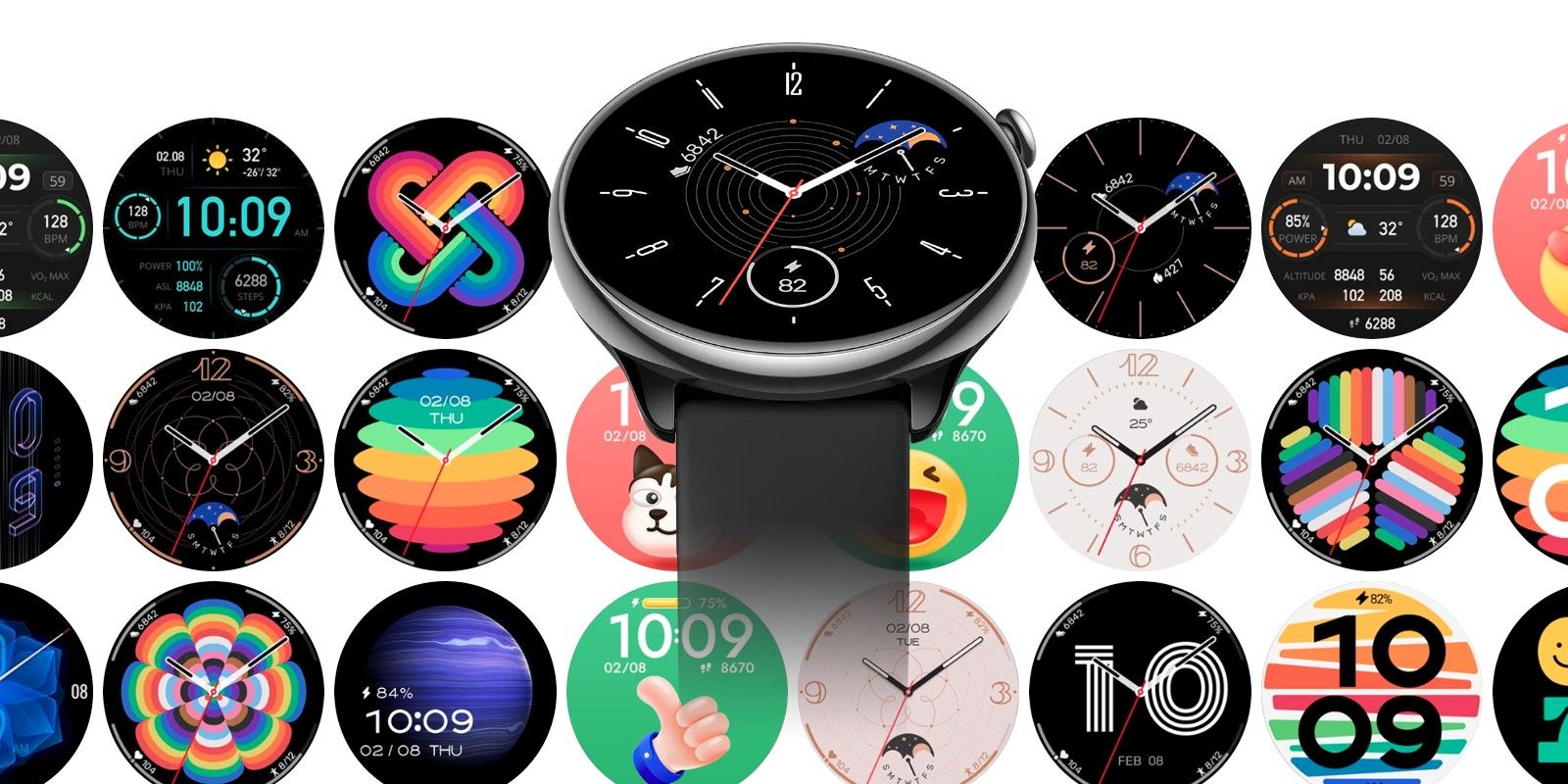 Image showing Amazfit GTR Mini and several watch faces