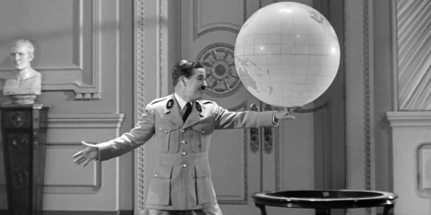 An image of Charlie Chaplin spinning a globe on his finger in The Great Dictator