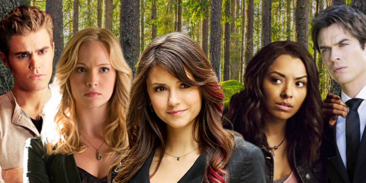 An image of Stefan, Caroline, Elena, Bonnie and Damon standing in a forest
