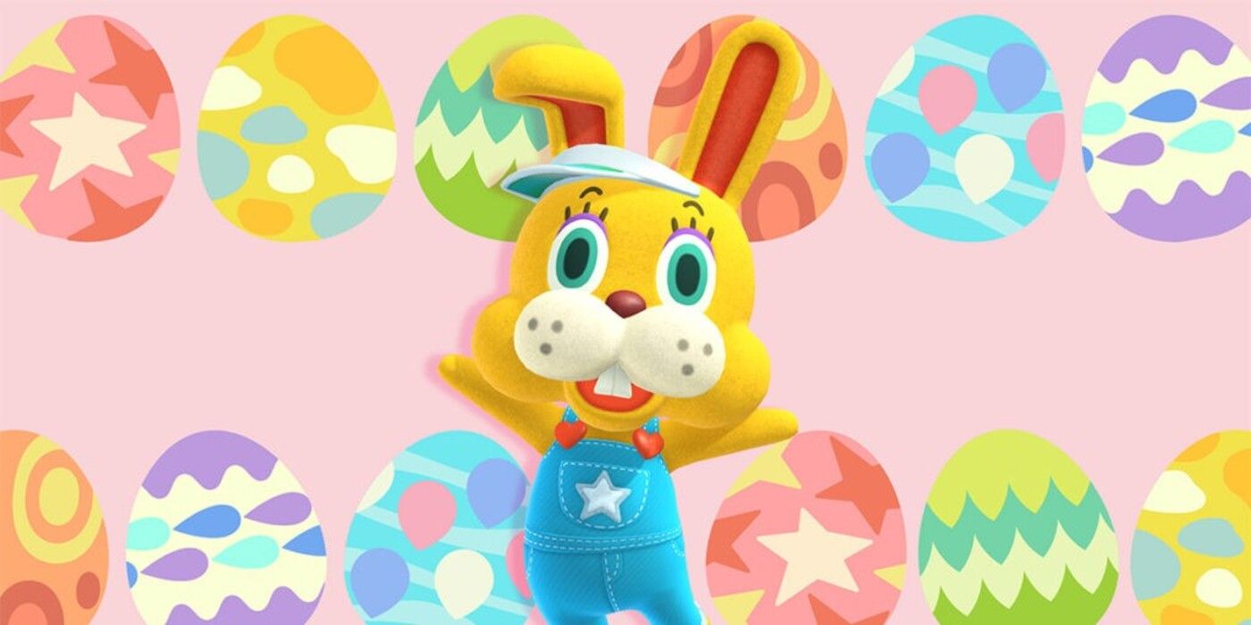 Zipper T Bunny stands in front of a pink background with cartoon Easter eggs