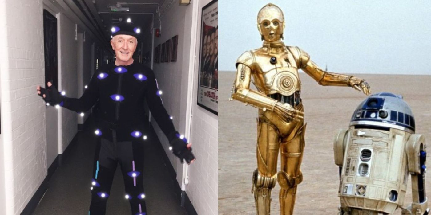 Anthony Daniels in a mo-cap suit and a photo of R2D2 and C3PO standing together