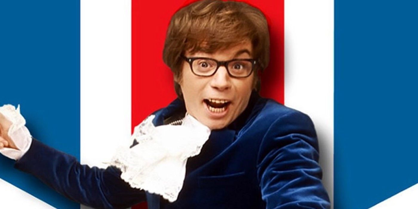 Austin Powers appears in front of the British flag