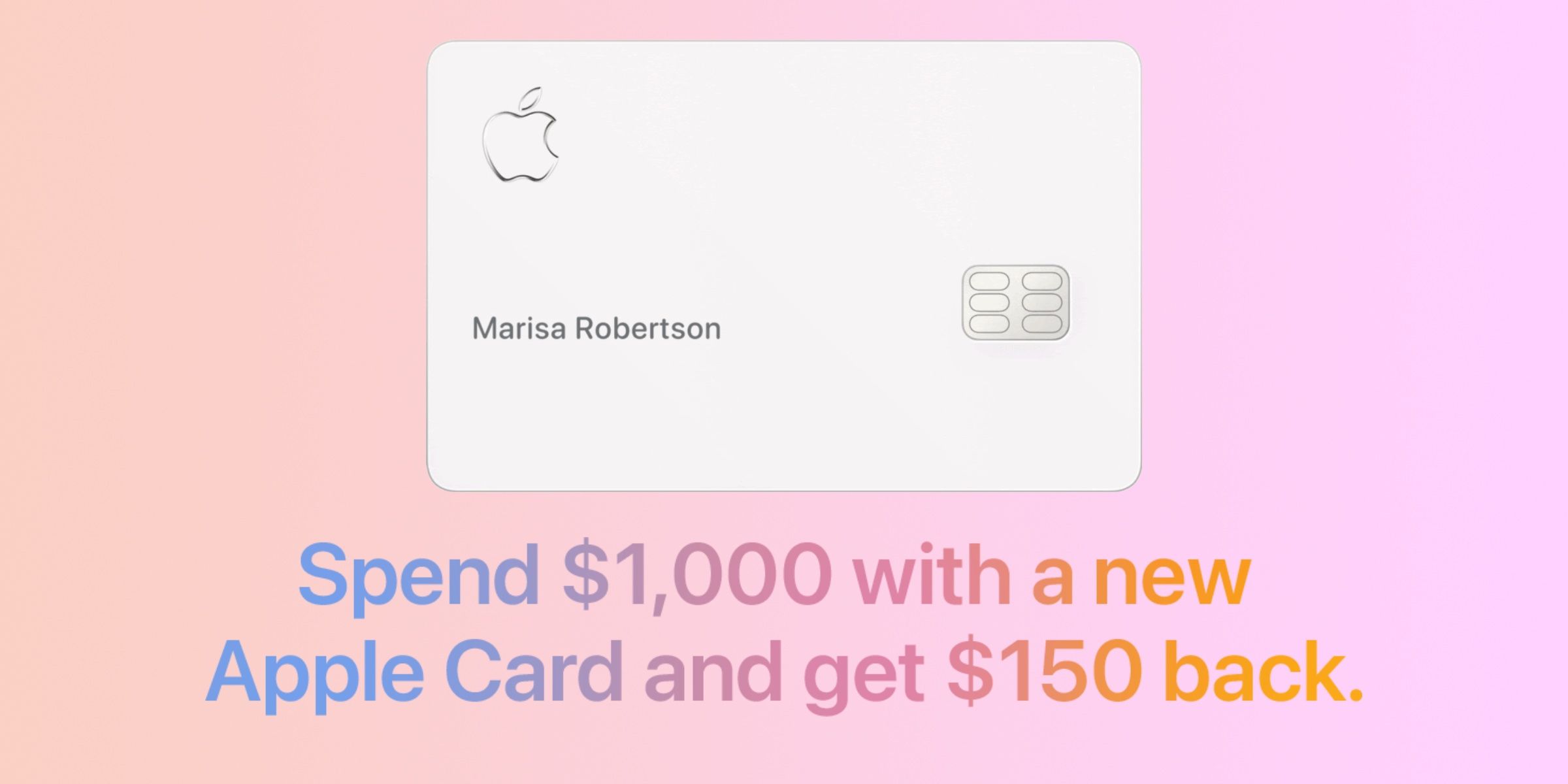 A titanium Apple Card against a pink and purple gradient background.