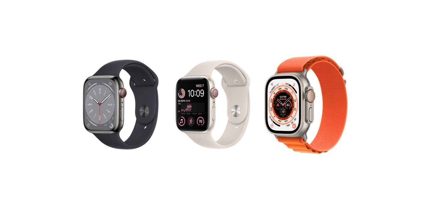 A photo showing the Apple Watch Series 8, Apple Watch SE 2, and Apple Watch Ultra