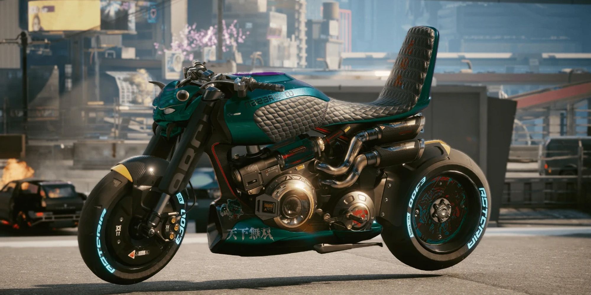 An Arch Nazare Itsumade on the street in Cyberpunk 2077, a luxurious high-end bike.
