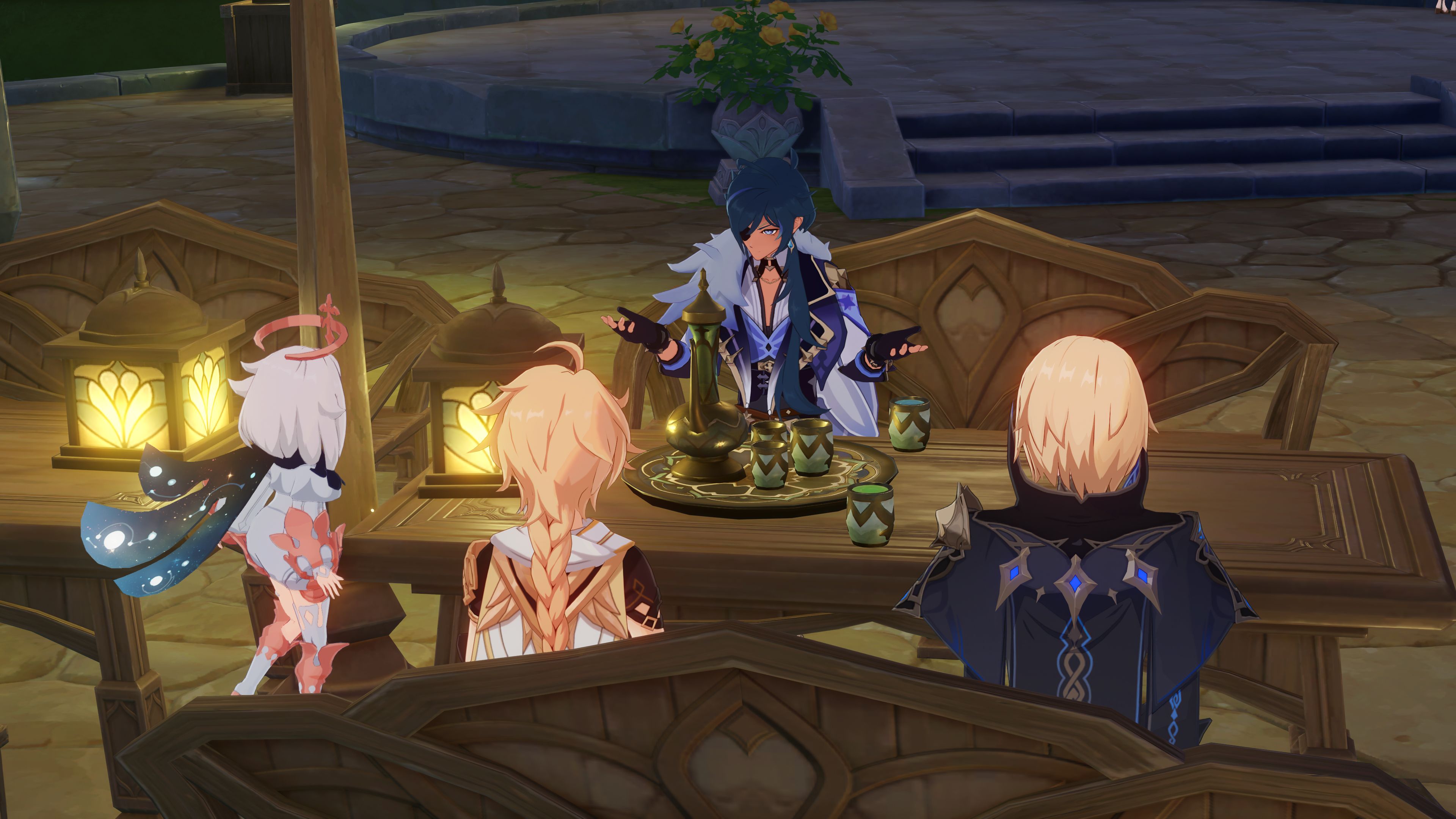 The Traveler, Paimon, Dainsleif, and Kaeya all sit around a table in Port Ormos, in Genshin Impact&rsquo;s Sumeru region.