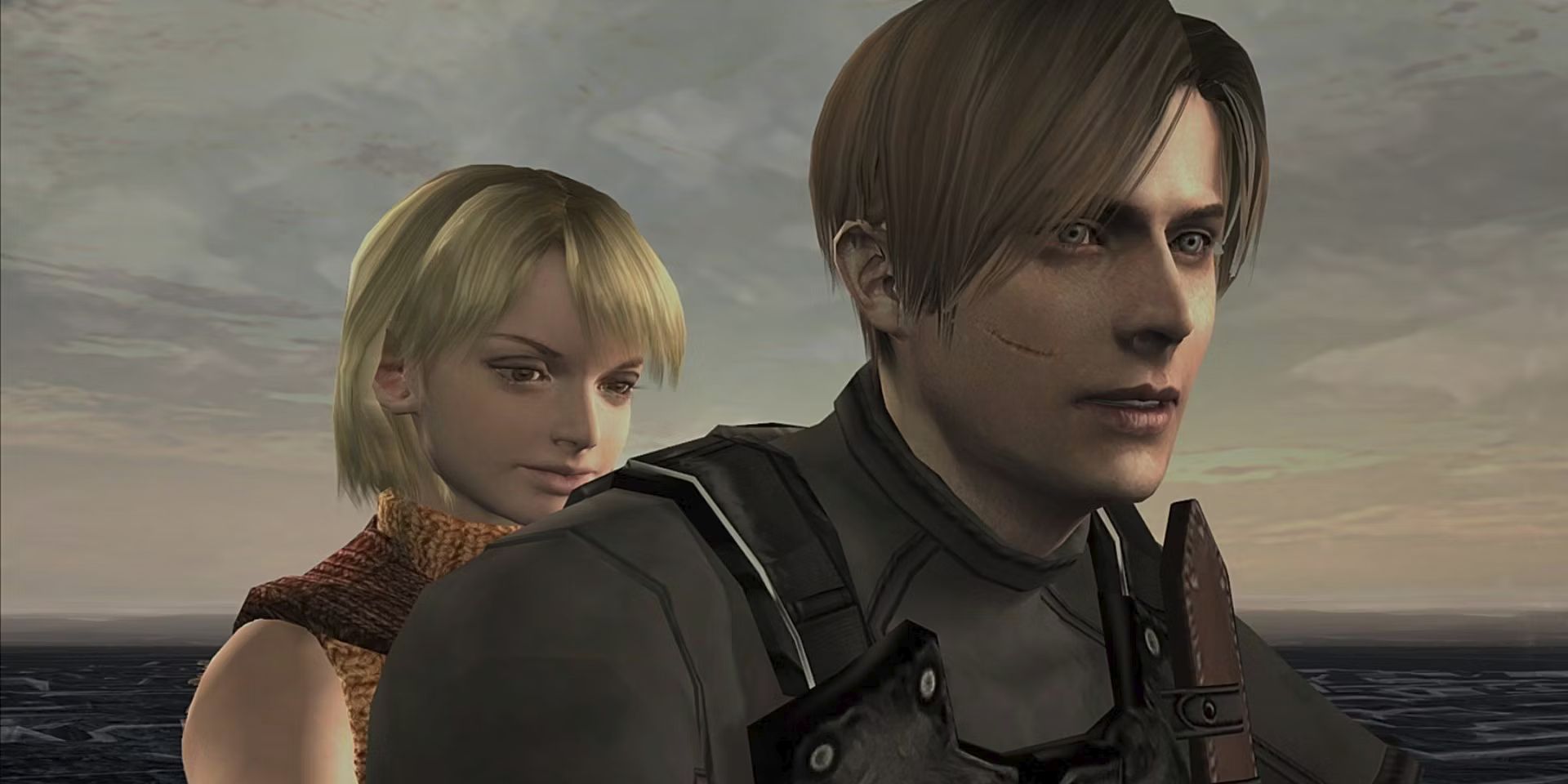 Ashley e Leon olham para a ilha destruída do jet ski em frente a um nascer do sol colorido no final do Resident Evil 4 original