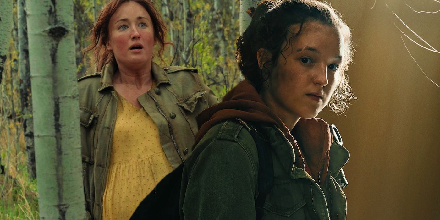 Ashley Johnson looking shocked as Anna in The Last of Us episode 9 and Bella Ramsey as Ellie in her character poster for HBO's The Last Of Us