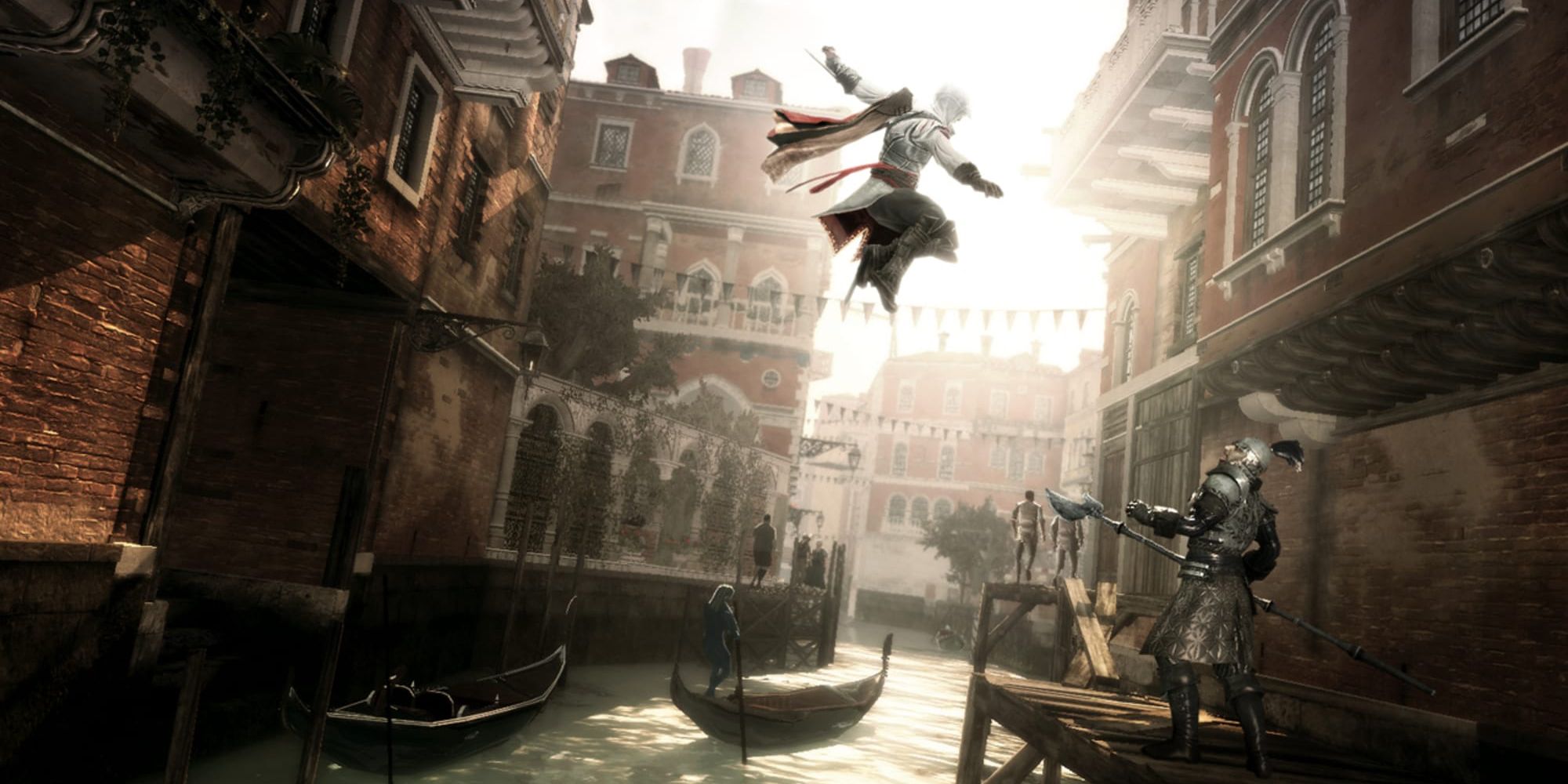 Ezio leaping across a Venetian canal to assassinate a guard in Assassin's Creed 2.