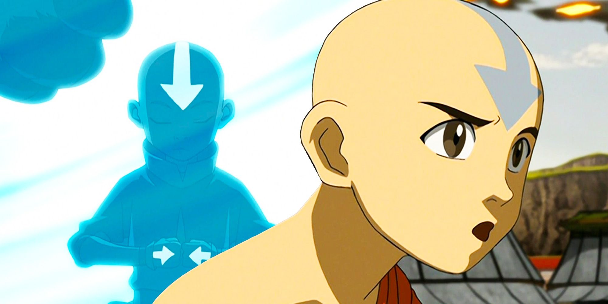 Aang in ice and Aang out of ice in Avatar The Last Airbender animated series