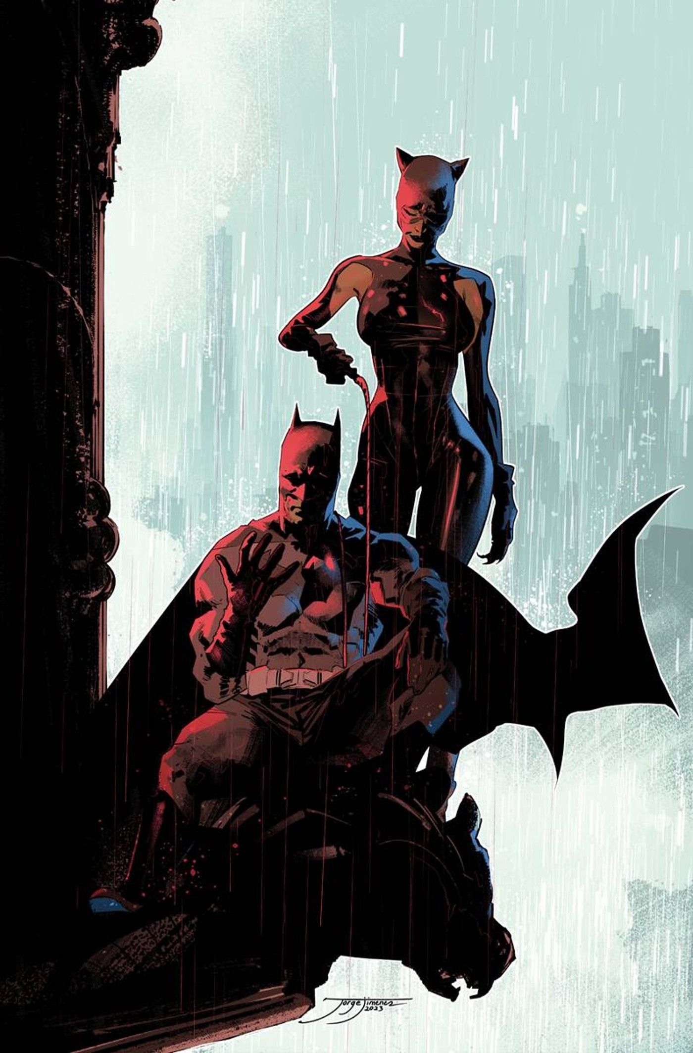 Batman and Catwoman Perched on Gotham Building