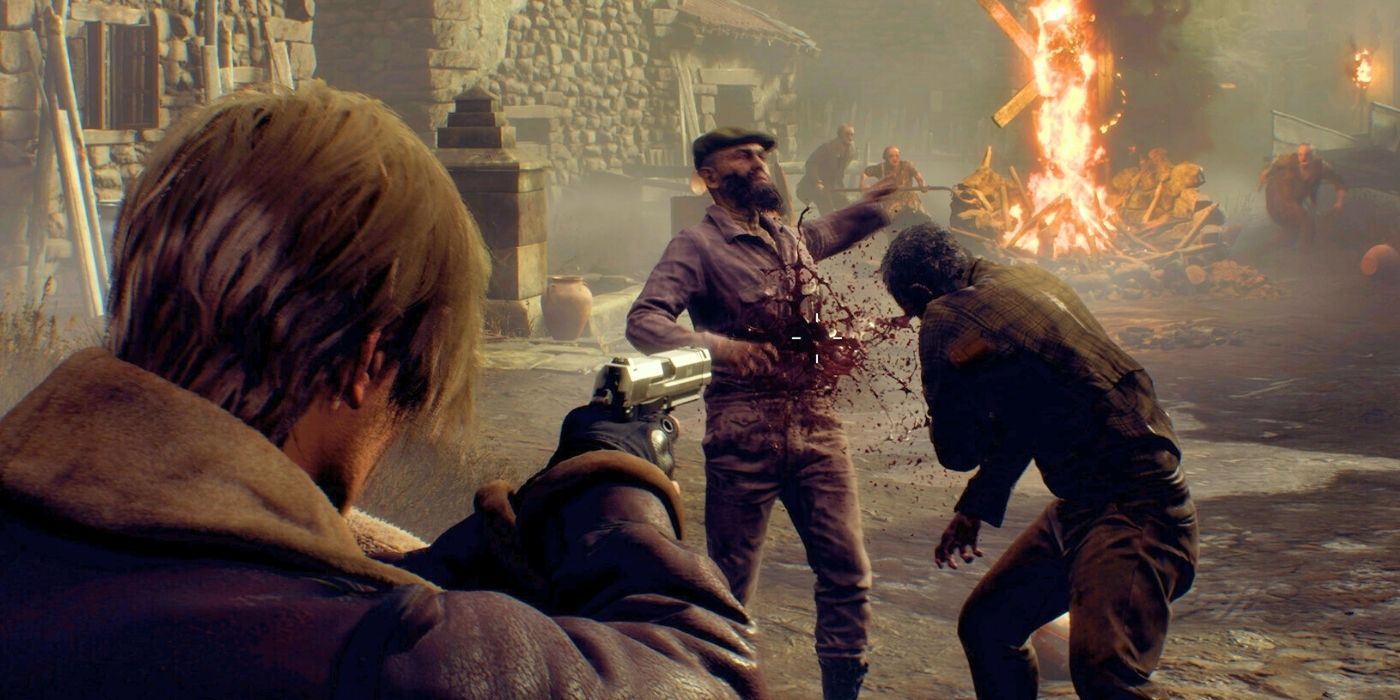 Leon aiming down the sights of his pistol and shooting two villagers in the Resident Evil 4 remake.