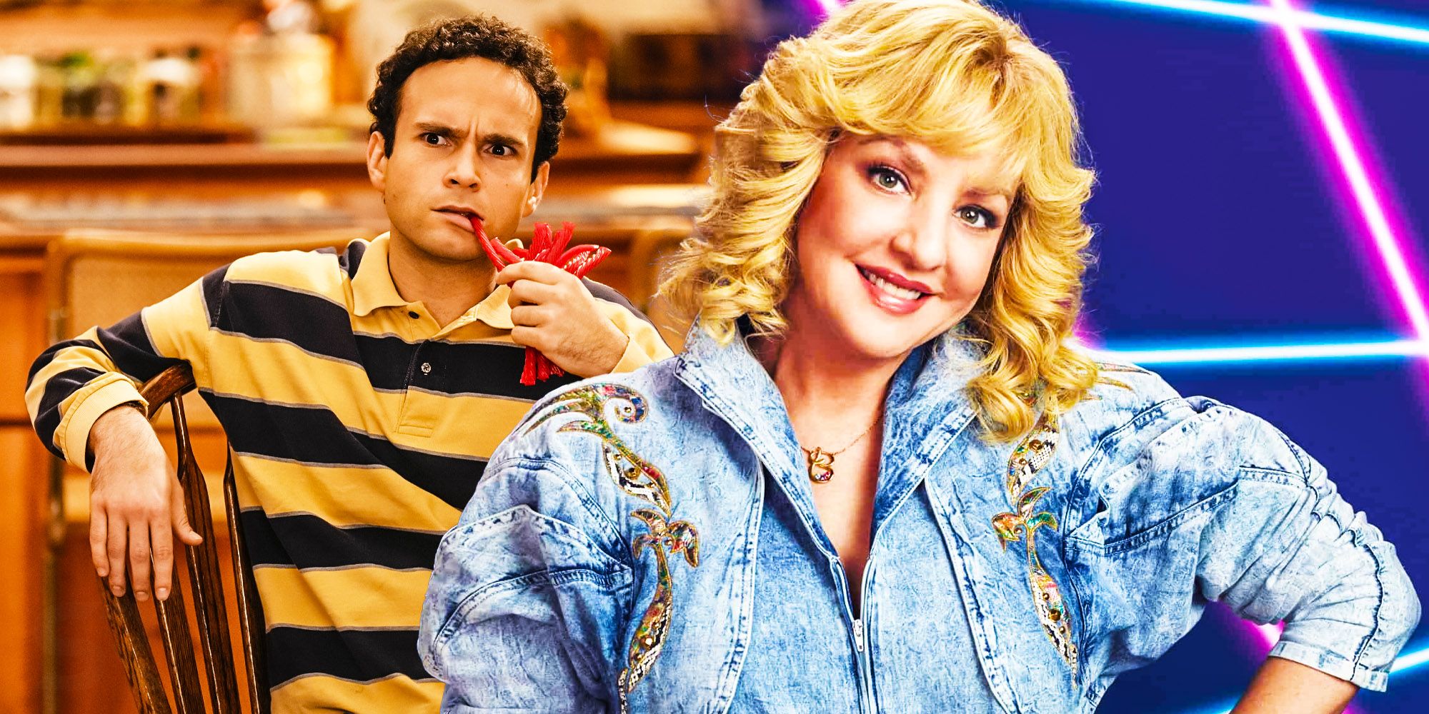 Blended image of Adam eating and Beverly smiling in The Goldbergs