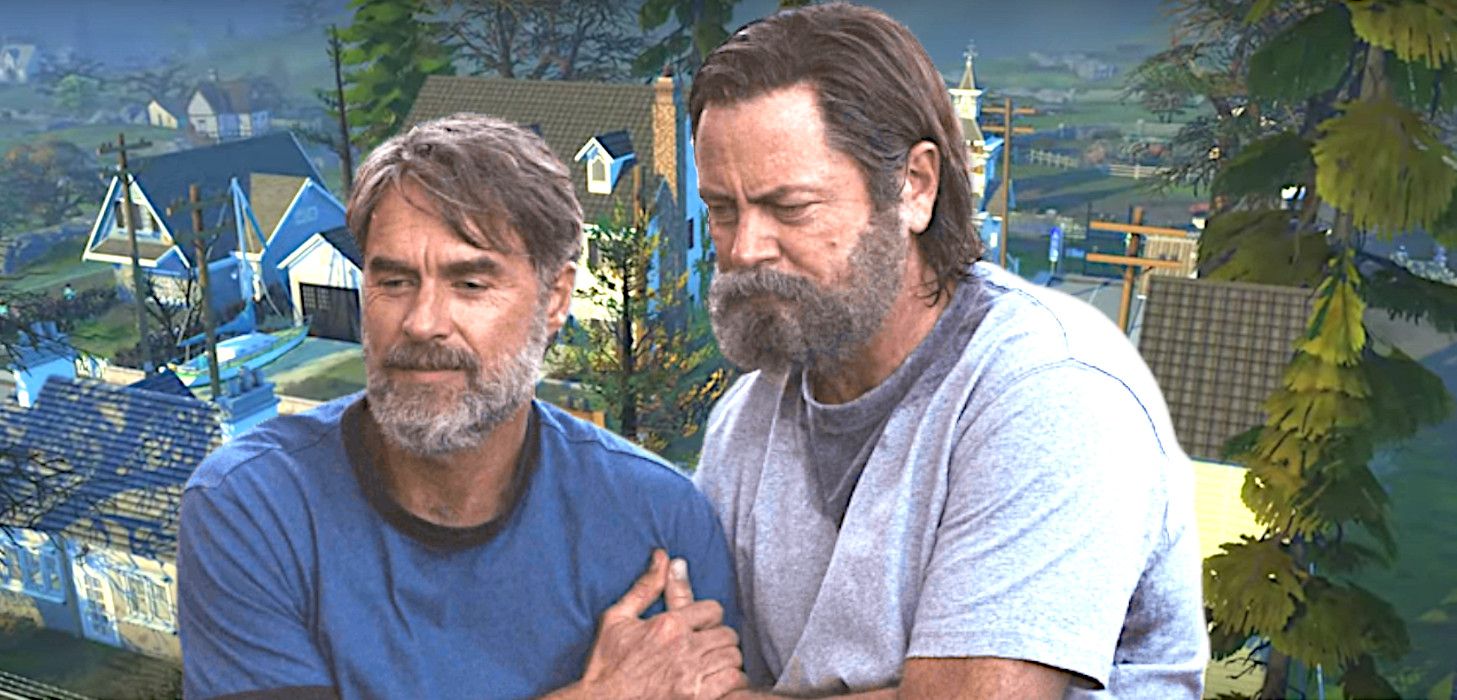 Bill and Frank in The Last of Us, both bearded and looking down in happiness, backdropped by a video game render of a small New England town