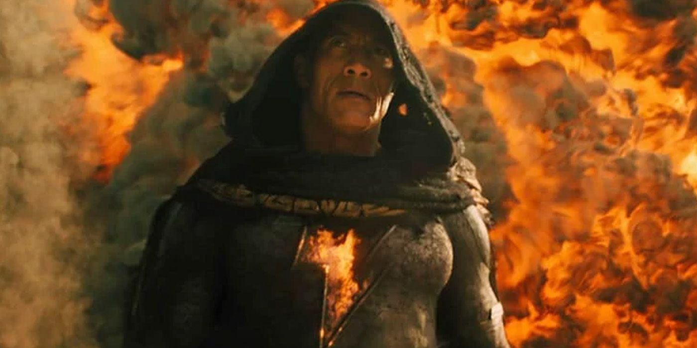 black adam in dceu in front of explosion