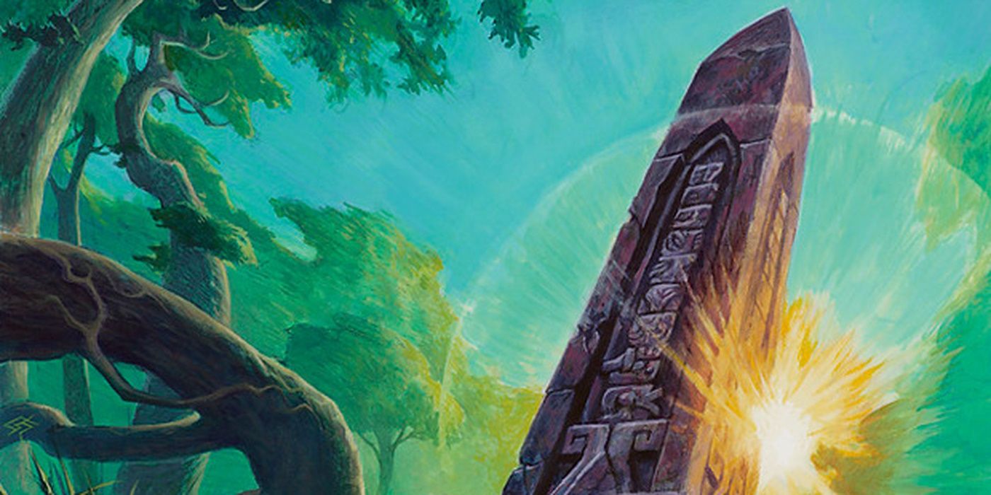A large black obelisk rises from the jungle, the sun shining down upon it.