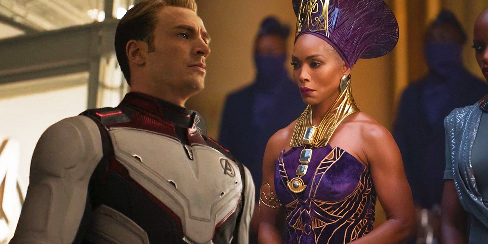 Captain America in the Quantum Realm suit from Avengers: Endgame next to Queen Ramonda wearing a purple gown and headdress in Black Panther: Wakanda Forever