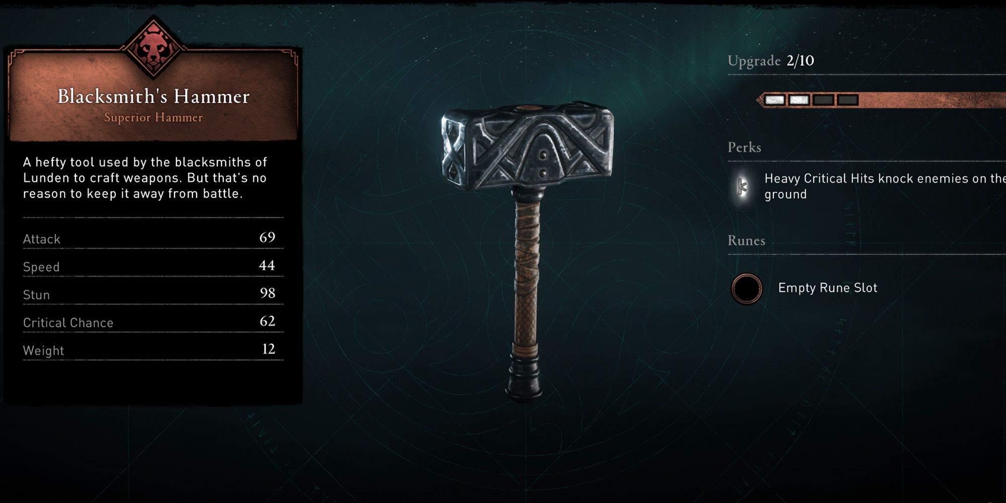 Image of the Blacksmith's Hammer and its stats in Assassin's Creed Valhalla