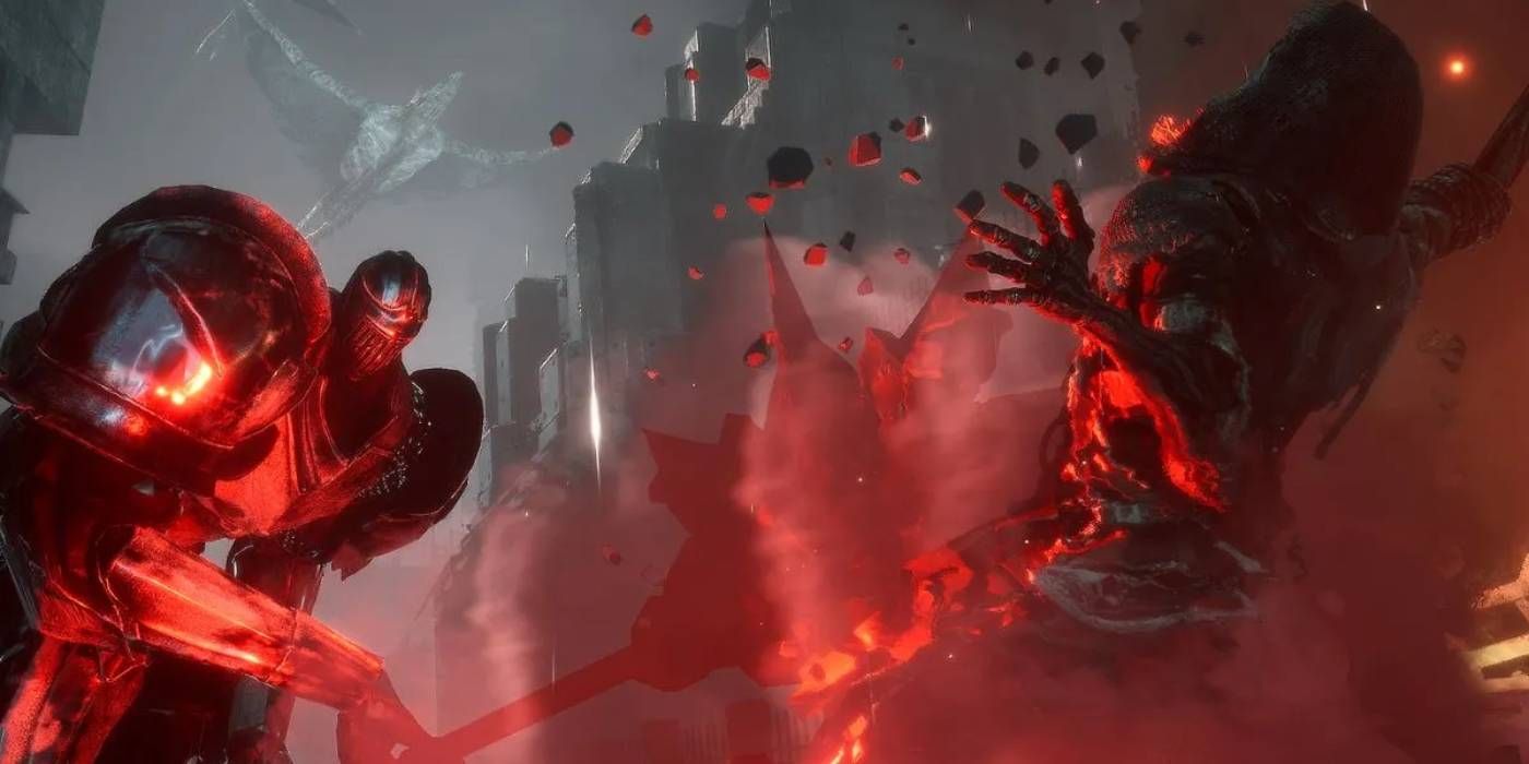 Bleak Faith: Forsaken Player Attacking Enemy with Red Aura From Vampirism Perk Equipped for Lifesteal