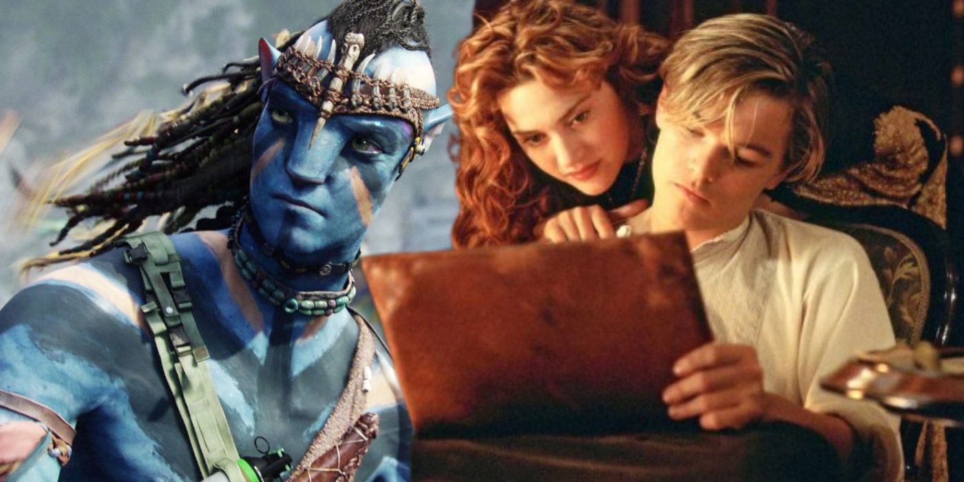 Blended image of Jake in action in Avatar and Jack drawing while Rose watches in Titanic