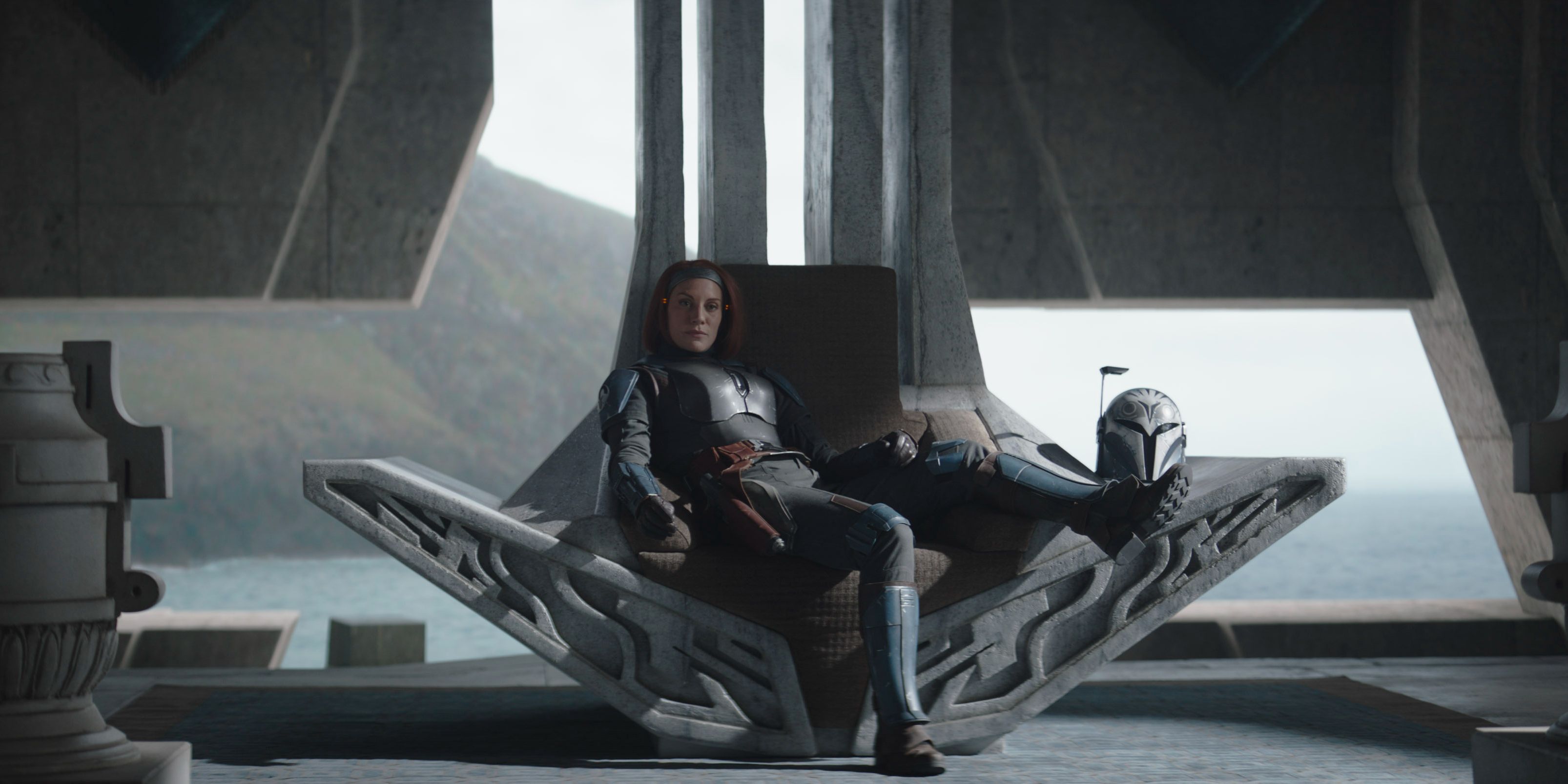 Bo-Katan lounging in her throne in The Mandalorian.