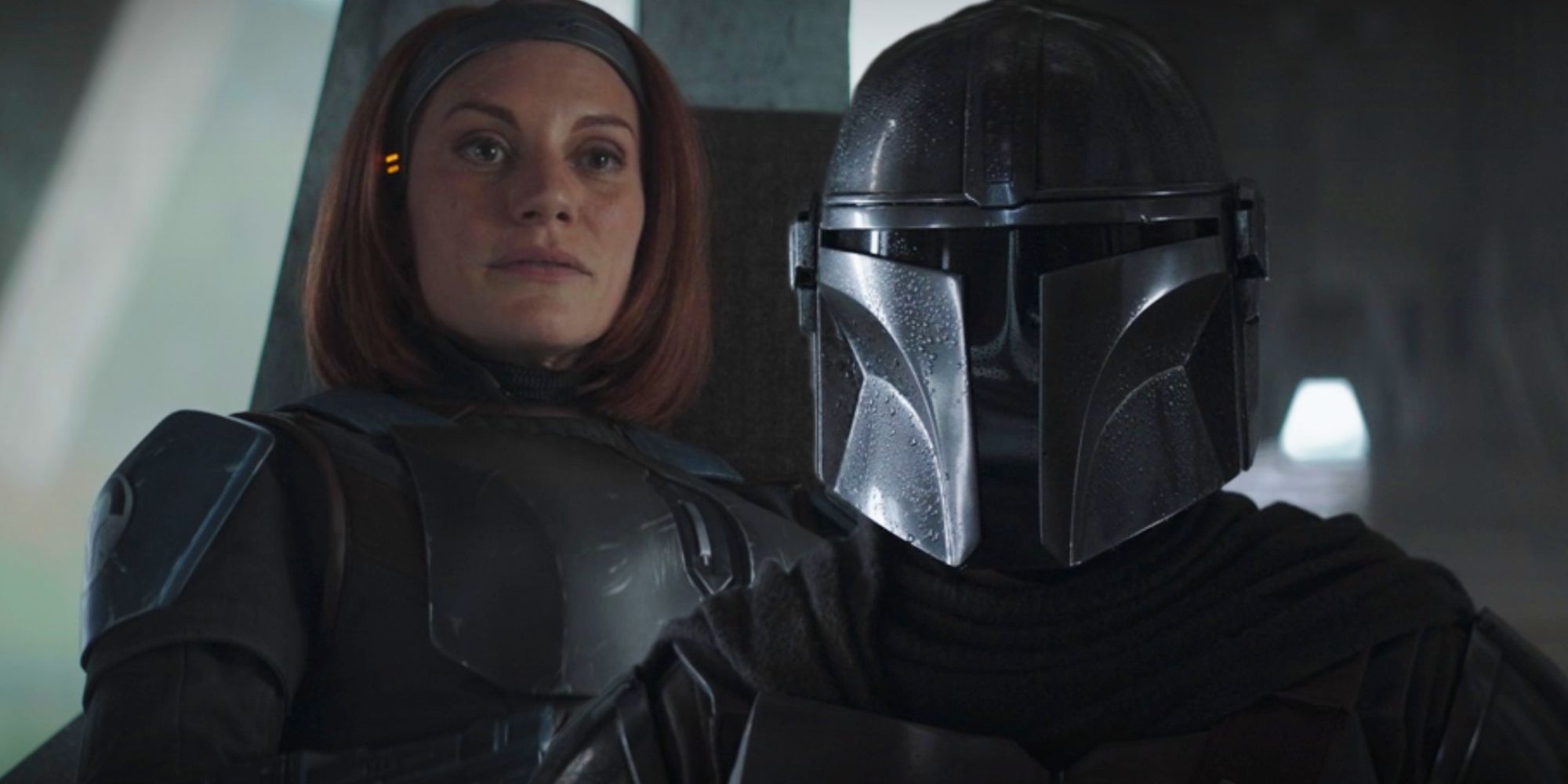 Bo-Katan sitting on her throne talking to Din Djarin in The Mandalorian season 3, episode 1