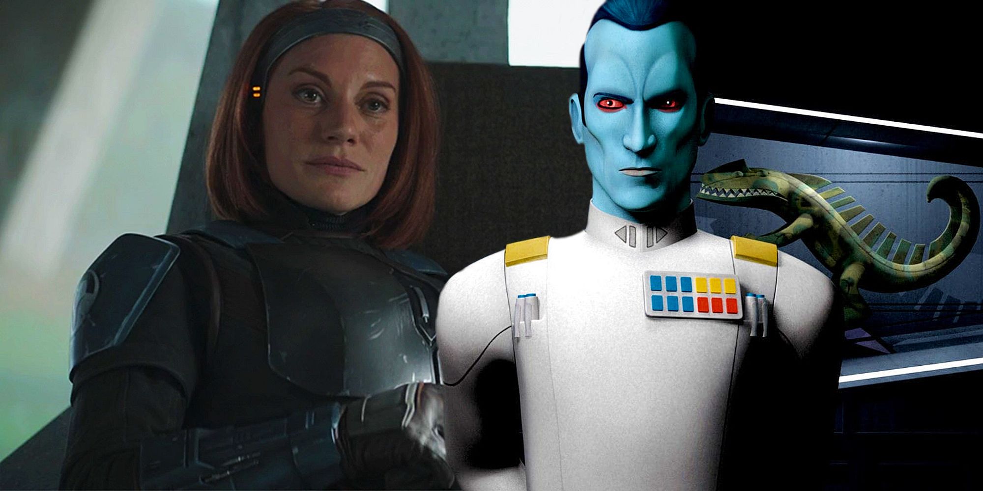 Katee Sackhoff as Bo-Katan in The Mandalorian season 3, episode 1 and Grand Admiral Thrawn from Star Wars: Rebels