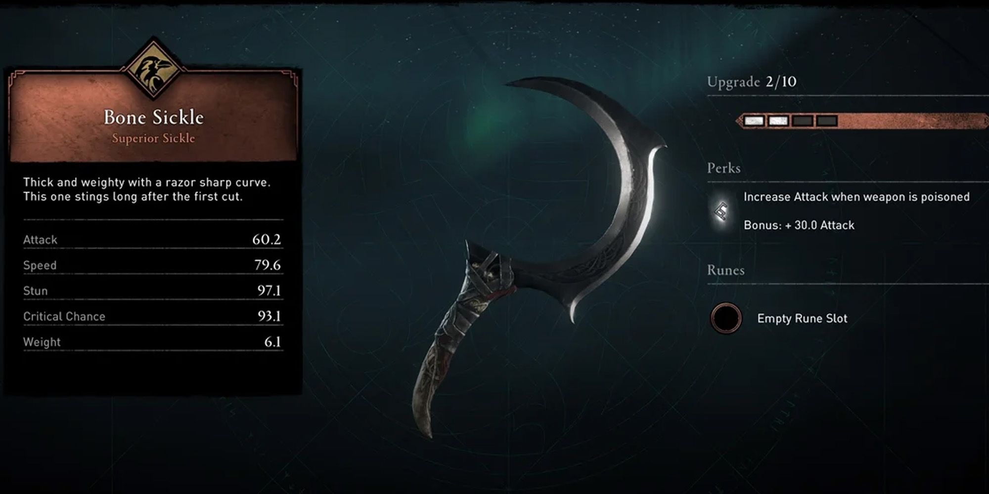 Image of the Bone Sickle and its stats in Assassin's Creed Valhalla