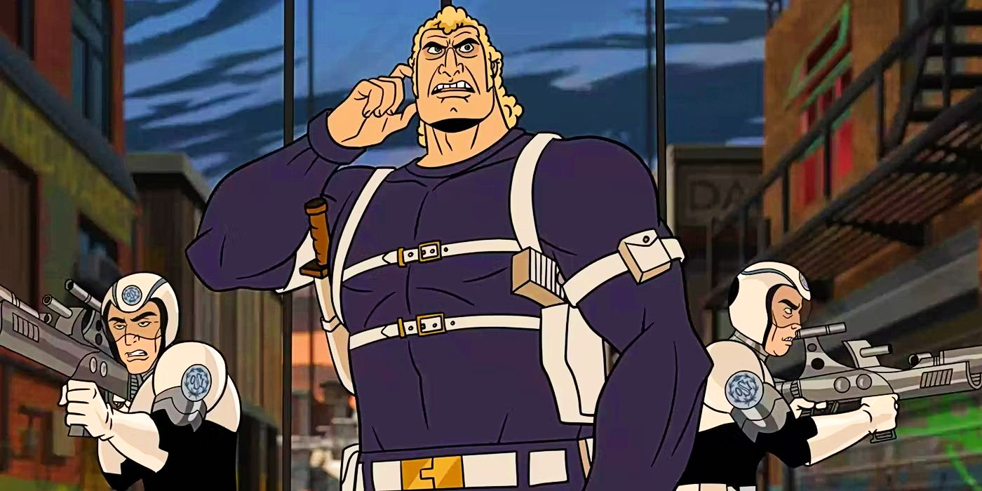 Brock flanked by two people with guns in The Venture Bros. movie