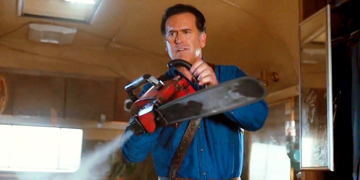 Bruce Campbell as Ash Williams wielding his chainsaw hand in Ash vs Evil Dead.