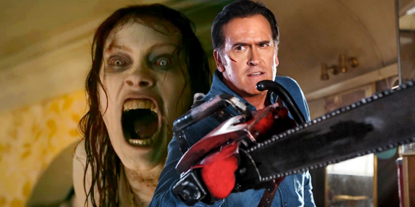 Custom image of Bruce Campbell as Ash Williams and a screaming Deadite in Evil Dead Rise.
