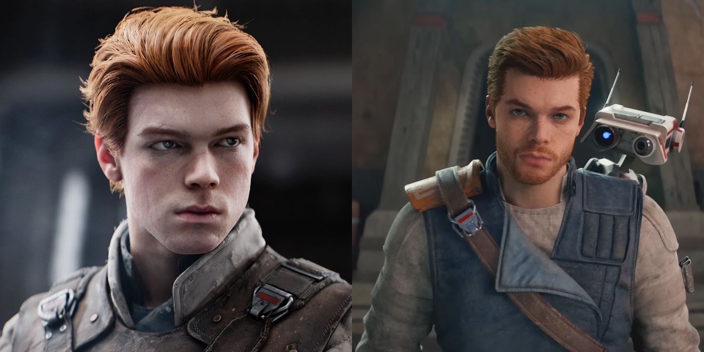 Split image showing two versions of Cal Kestis from Star Wars Jedi: Fallen Order and Survivor.