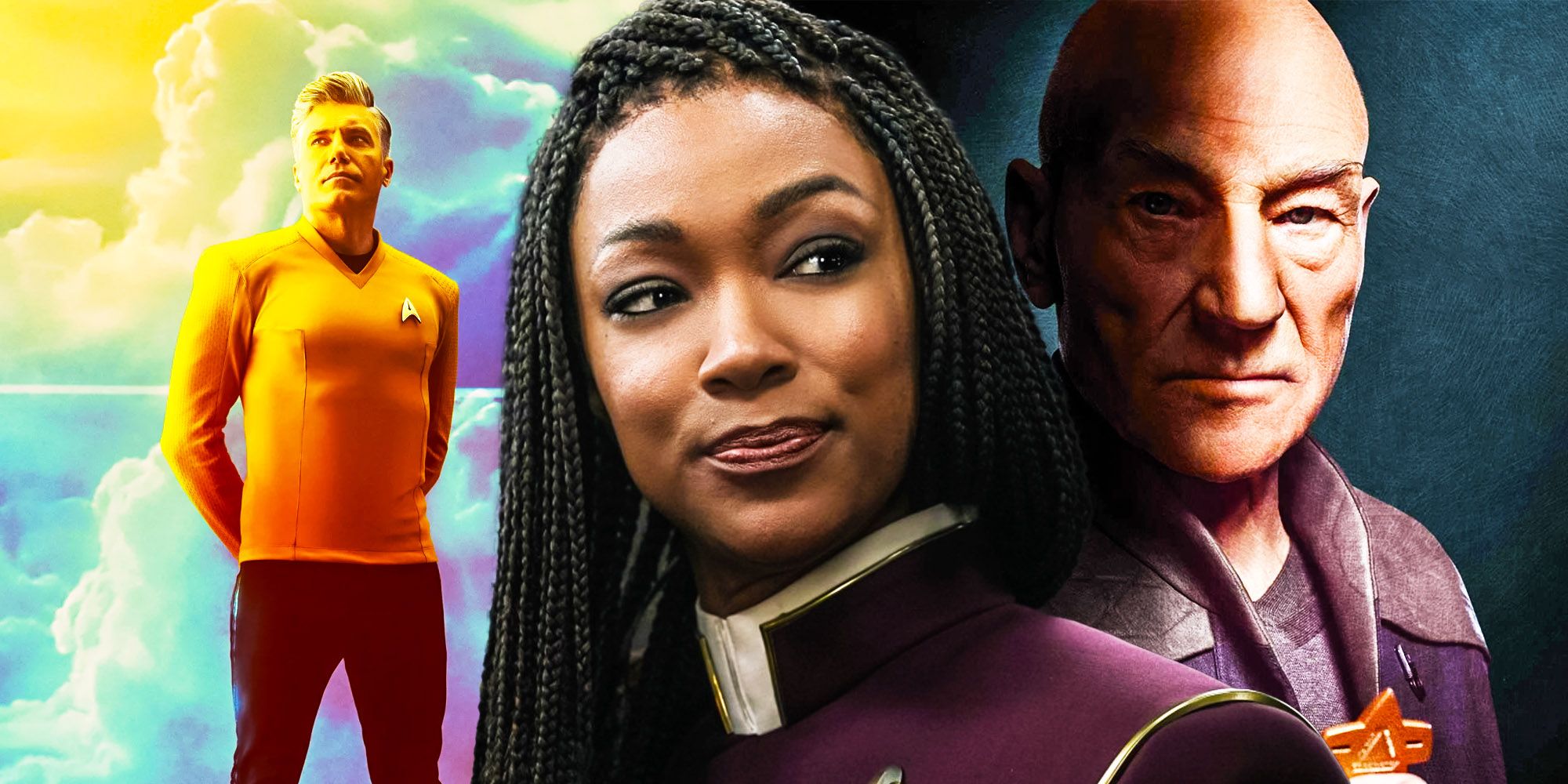Sonequa Martin-Green as Captain Burnham in front of Anson Mount as Captain Pike and Patrick Stewart as Admiral Picard in Star Trek