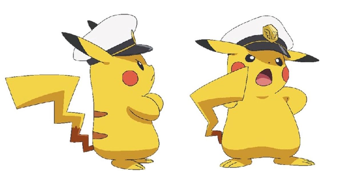 Captain Pikachu Art for upcoming anime, featuring Captain Pikachu in a pose facing to the side and one to the front where he looks like he is yelling out an order