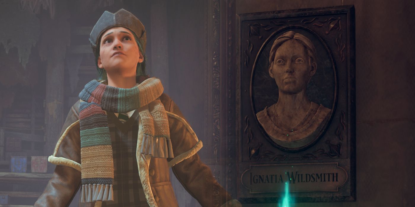 A female Hogwarts Legacy character looking scared on the left, and an image of a Floo Flames location on the right.