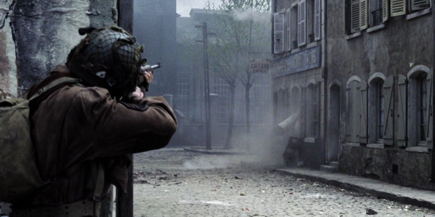 Carentan Battle allied soldier taking aim with his rifle Band of Brothers
