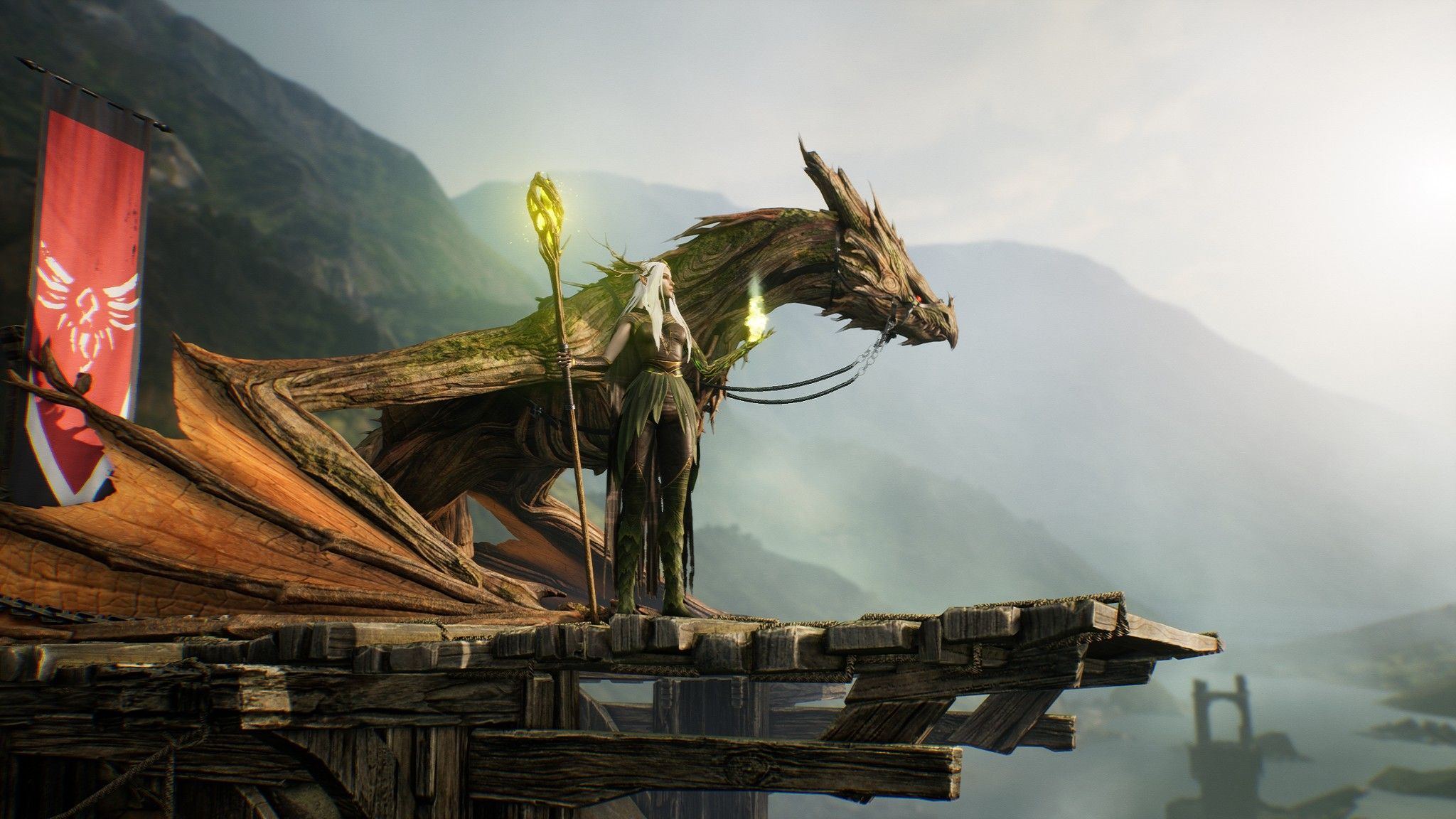 Horn: New Thornweaver class Age of Ashes and a dragon standing together on a ledge.