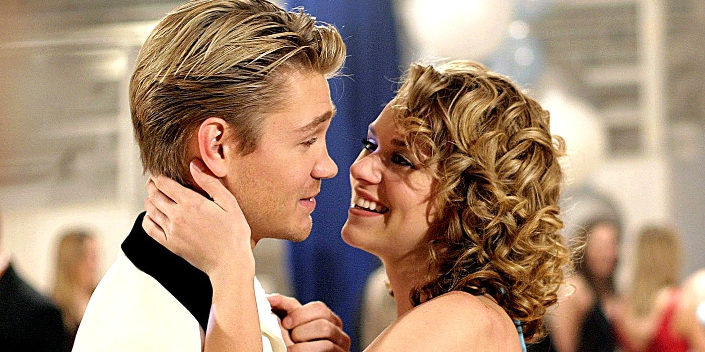 Chad Michael Murray and Hilarie Burton on One Tree Hill embracing and looking at one another