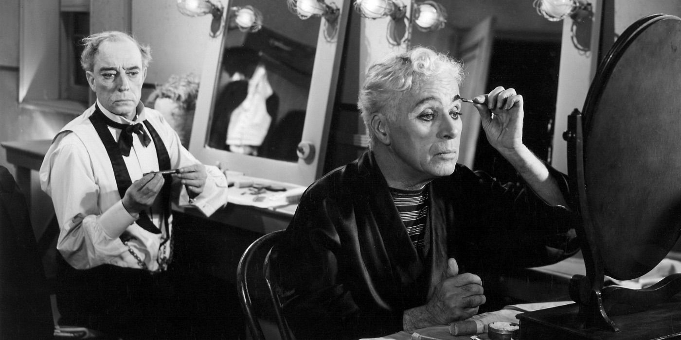 Charlie Chaplin e Buster Keaton se maquiando em Limelight
