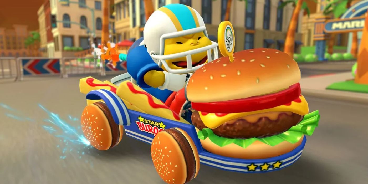An image of Chargin' Chuck from Mario Kart Tour with his hamburger kart