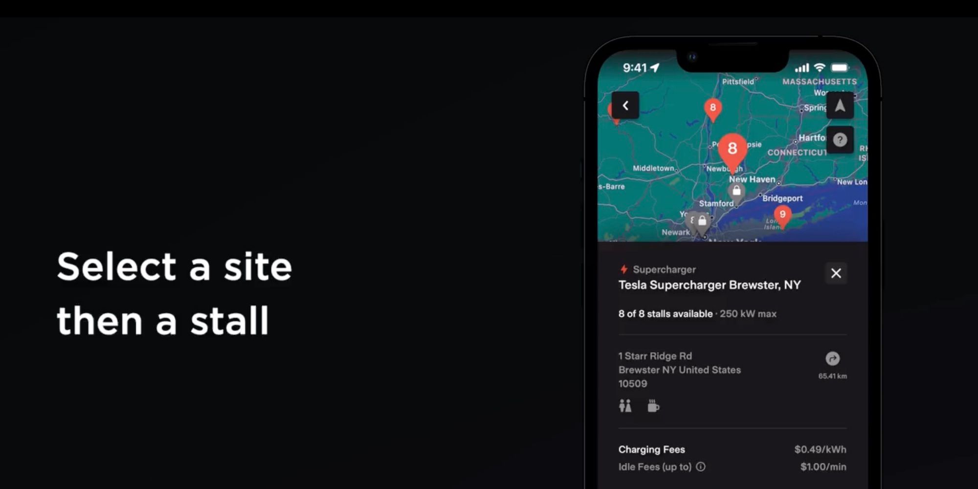 Selecting a Supercharger in the Tesla app for non-Tesla users