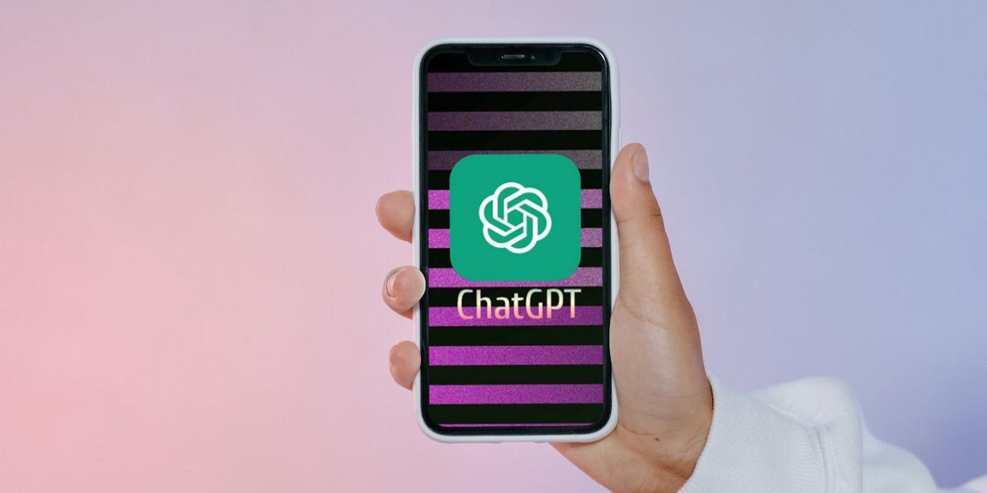 iPhone 11 in a person's hand, showing ChatGPT written in white below OpenAI logo on pink and black stripes