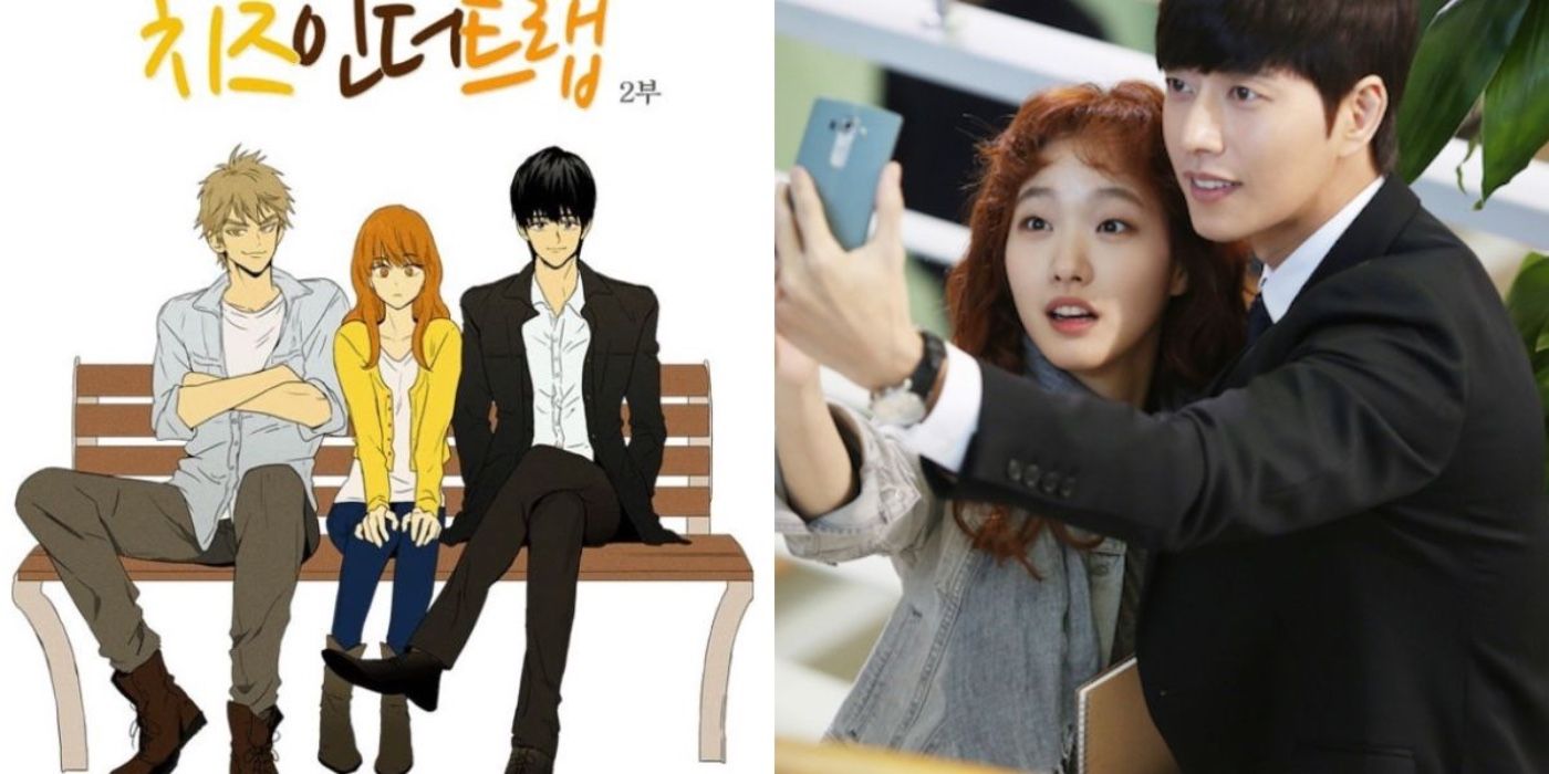 Webtoon Cheese in the Trap junto a dos personajes del K-drama tomándose una selfie