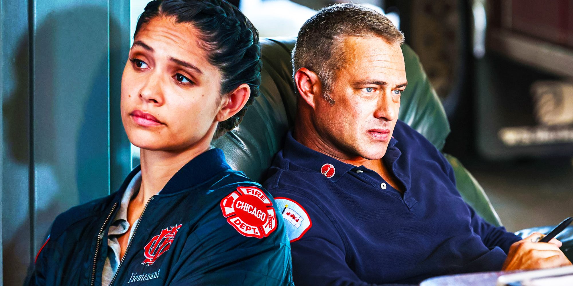 Blended image of Severide sitting and Stella leaning from a door in Chicago fire season 11 