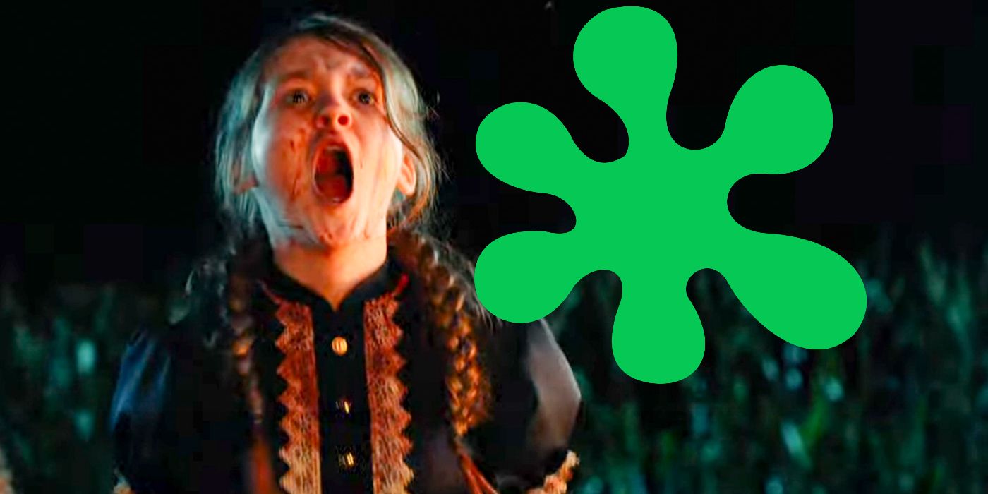 Child Screaming in Children of the Corn 2023 with Rotten Tomatoes Splat