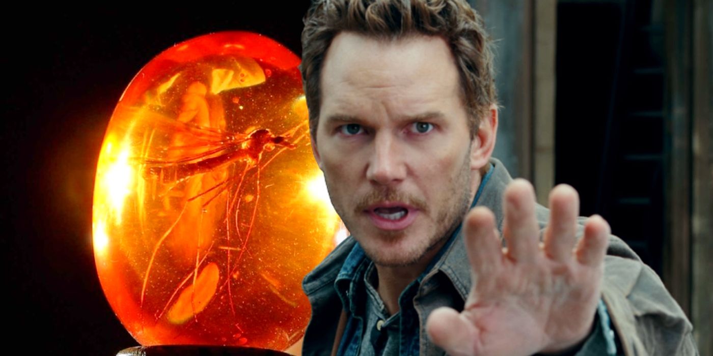 Custom image of Chris Pratt in Jurassic World Dominion and mosquito encased in amber in Jurassic Park.