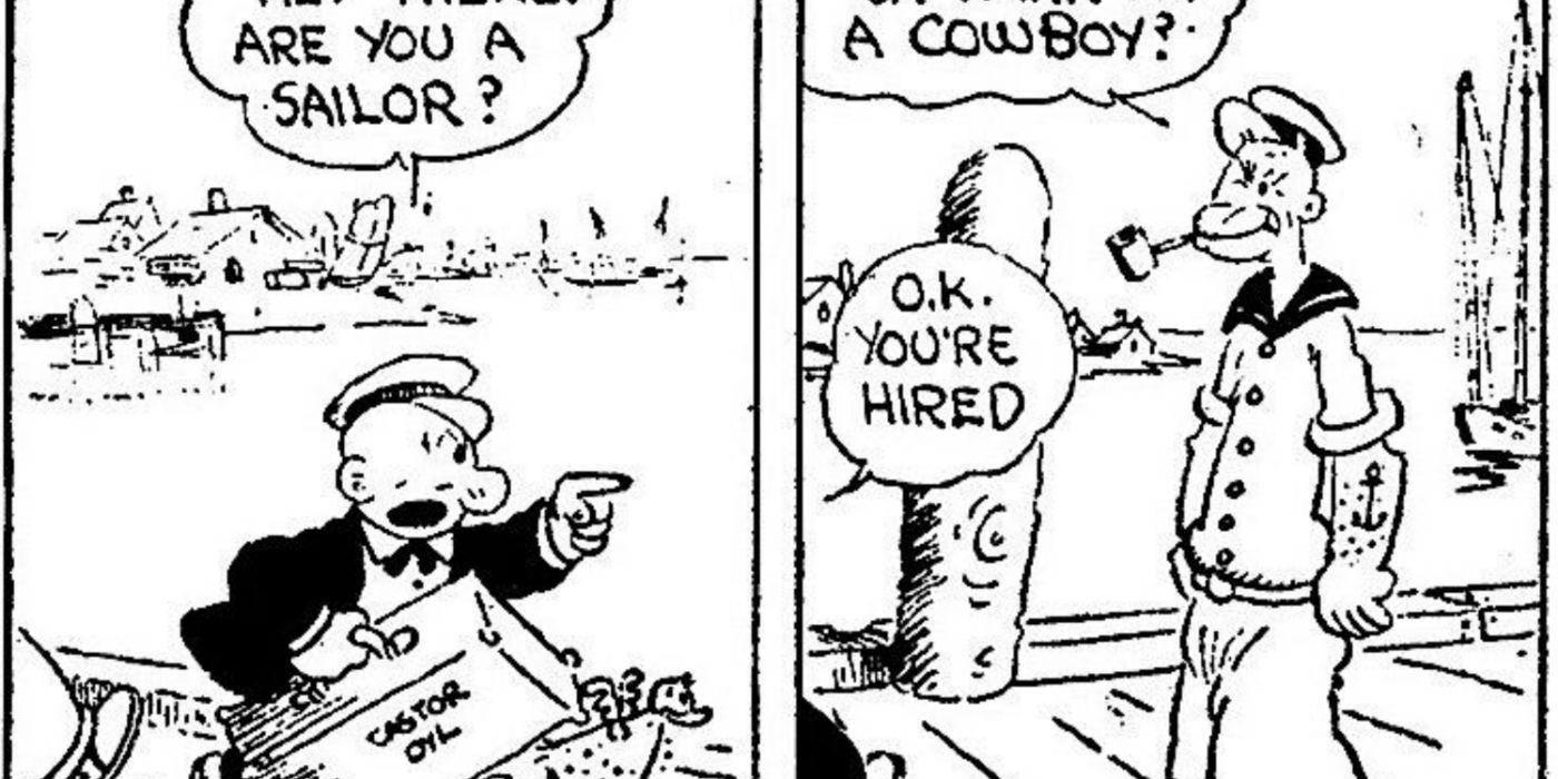 A comic strip of Castor Oyl yelling at Popeye.